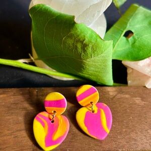 Vibrant Pink and Yellow Marbled Heart Dangle Stud Earrings